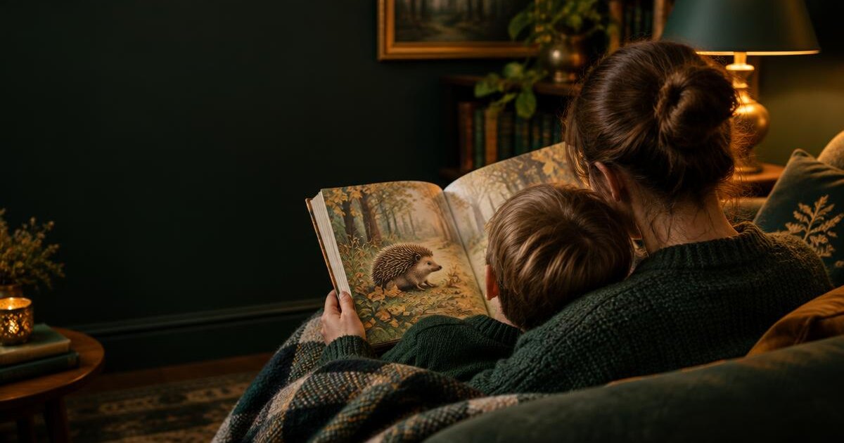 A parent and child reading a woodland story together